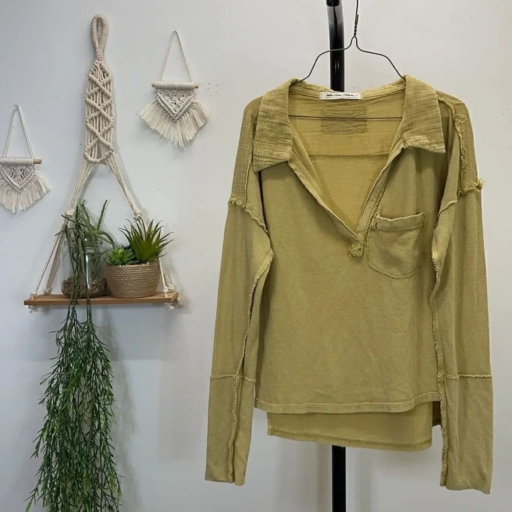 Free People L/S Mustard Top Collared V-Neck Cuffs